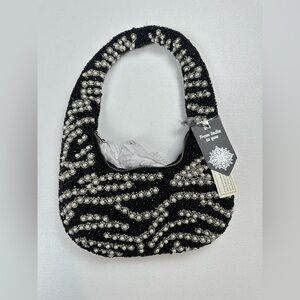 From India To You Black And White Pearl Beaded‎ Mini Hobo Bag Handmade Viral NWT